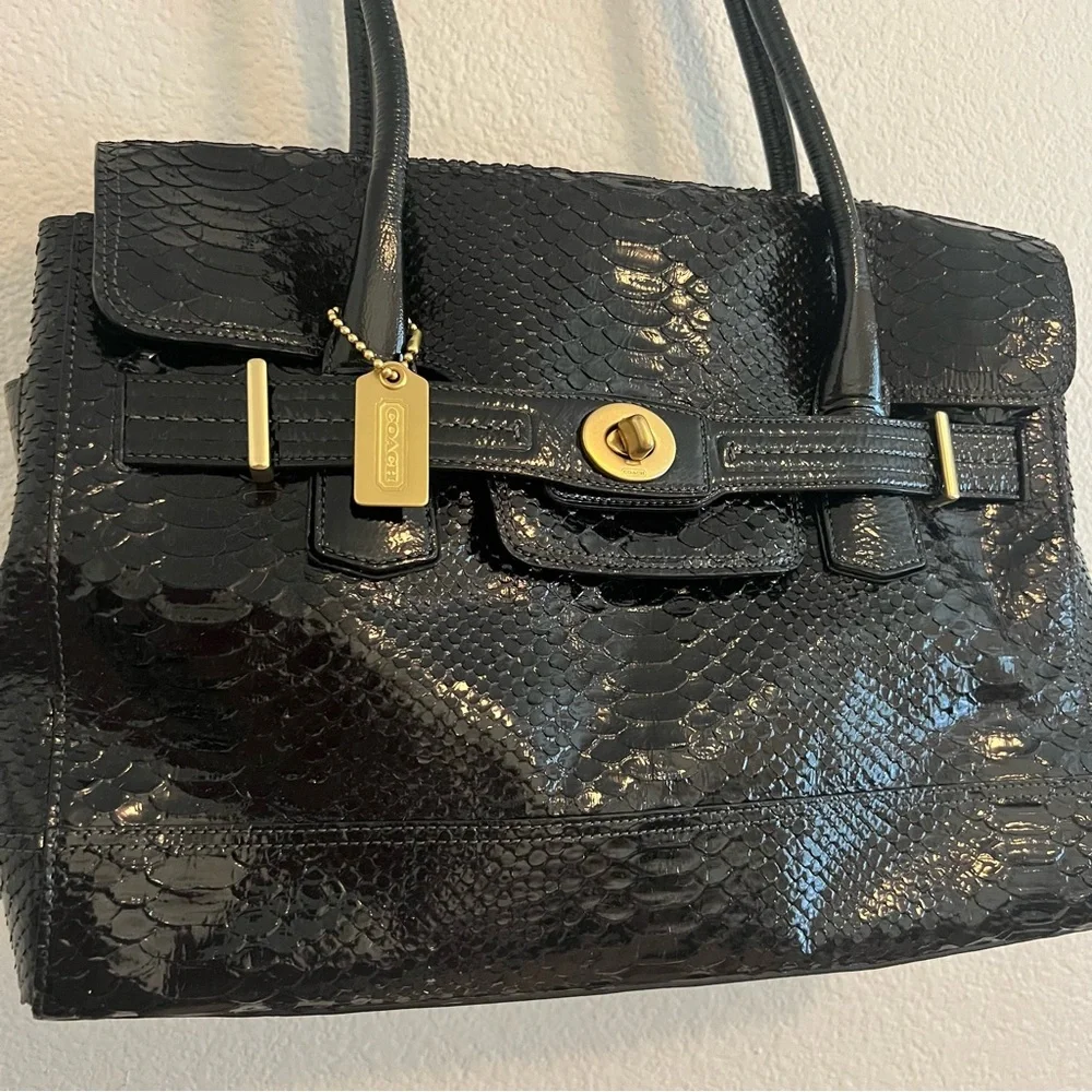 Coach black Hampton Embossed Python Flap Tote - Picture 2 of 7